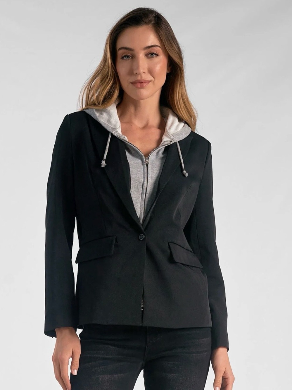 Elan black blazer with detachable gray hoodie insert